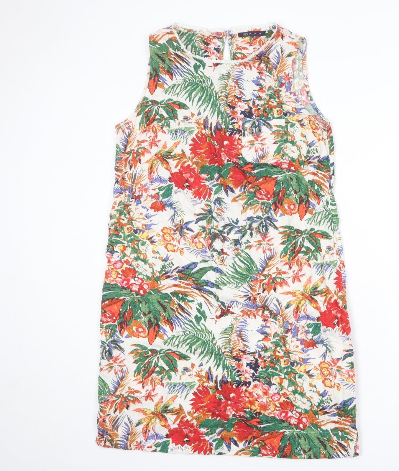 Marks and Spencer Womens Multicoloured Floral Linen Tank Dress Size 12 Round Neck Button