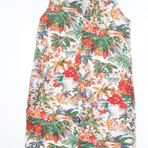 Marks and Spencer Womens Multicoloured Floral Linen Tank Dress Size 12 Round Neck Button