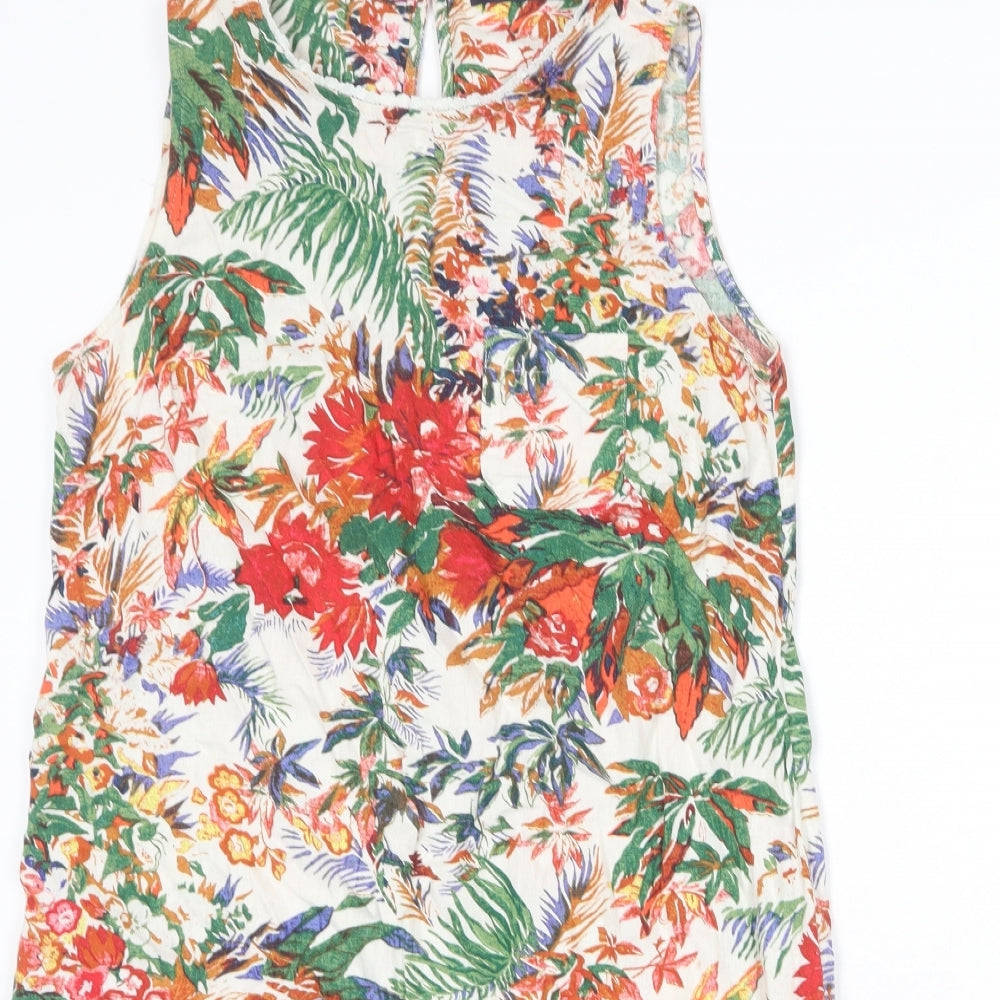 Marks and Spencer Womens Multicoloured Floral Linen Tank Dress Size 12 Round Neck Button