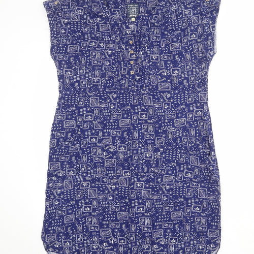 MANTARAY PRODUCTS Womens Blue Geometric Viscose Shirt Dress Size 14 V-Neck Button