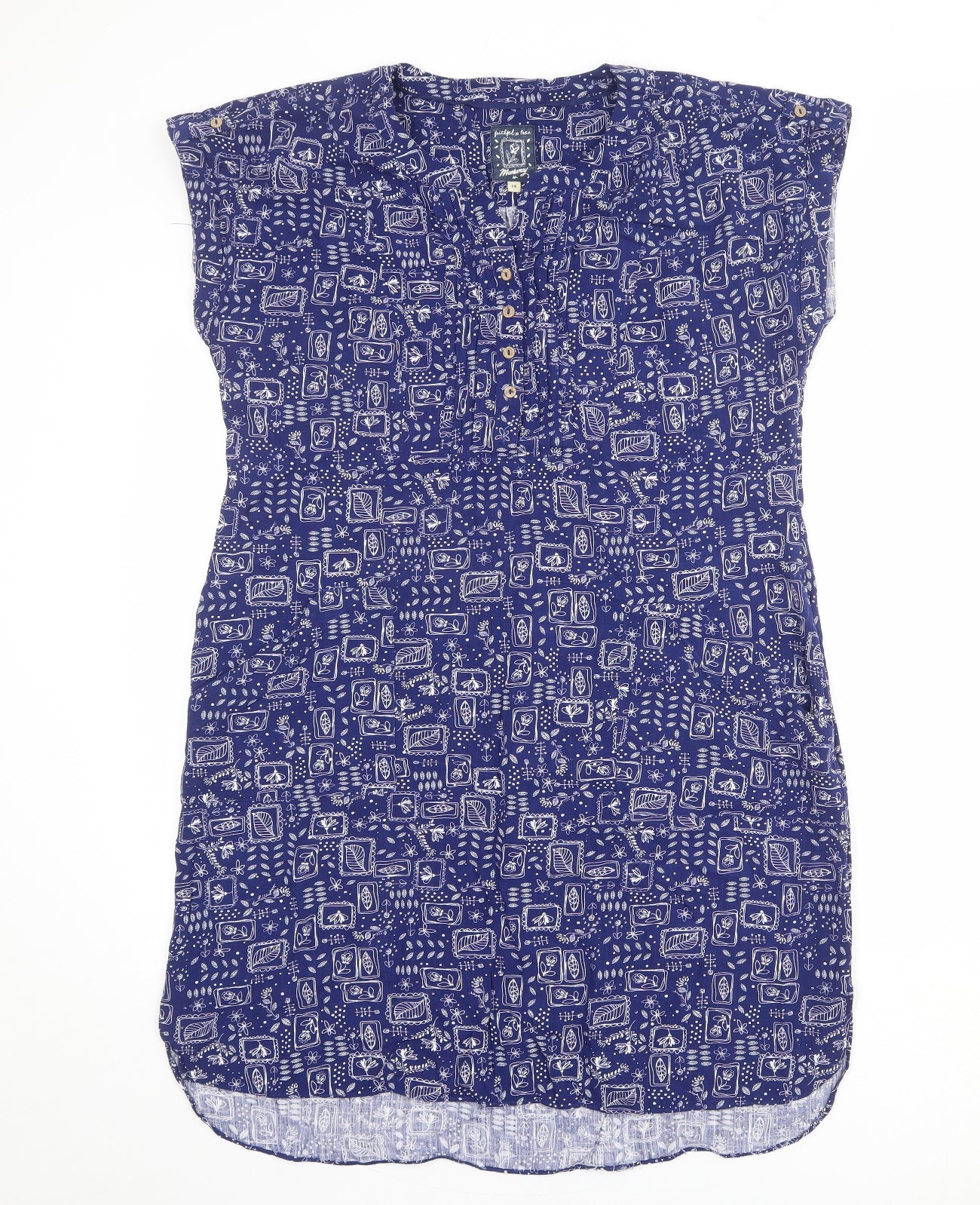 MANTARAY PRODUCTS Womens Blue Geometric Viscose Shirt Dress Size 14 V-Neck Button