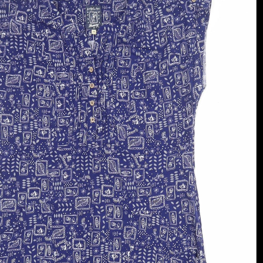 MANTARAY PRODUCTS Womens Blue Geometric Viscose Shirt Dress Size 14 V-Neck Button