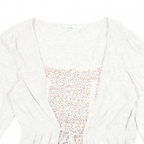 Vanilla Sands Womens Grey Floral 100% Cotton Basic Blouse Size 12 Scoop Neck - Mock Cardigan Top
