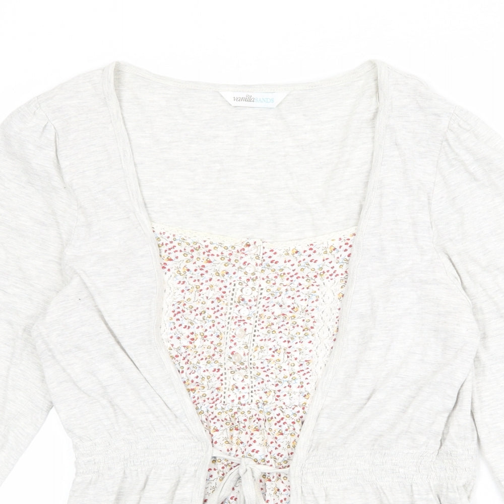 Vanilla Sands Womens Grey Floral 100% Cotton Basic Blouse Size 12 Scoop Neck - Mock Cardigan Top