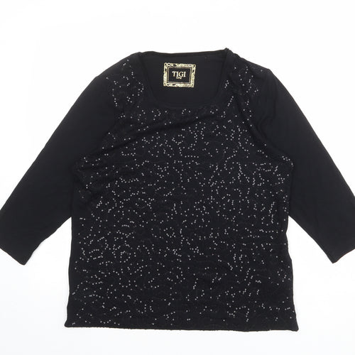 TIGI Womens Black Viscose Basic T-Shirt Size 10 Round Neck - Embellished
