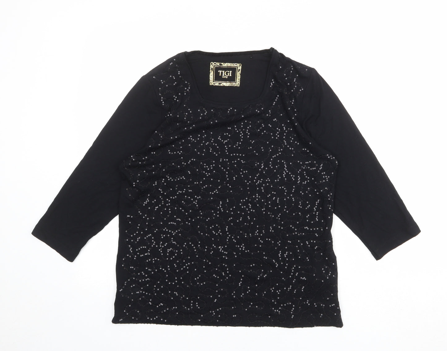 TIGI Womens Black Viscose Basic T-Shirt Size 10 Round Neck - Embellished