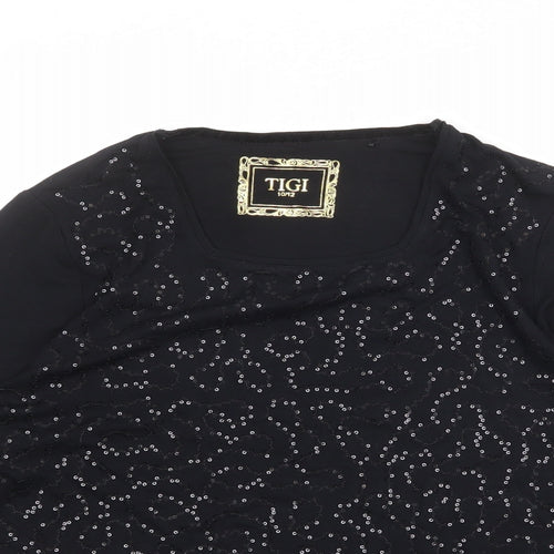 TIGI Womens Black Viscose Basic T-Shirt Size 10 Round Neck - Embellished