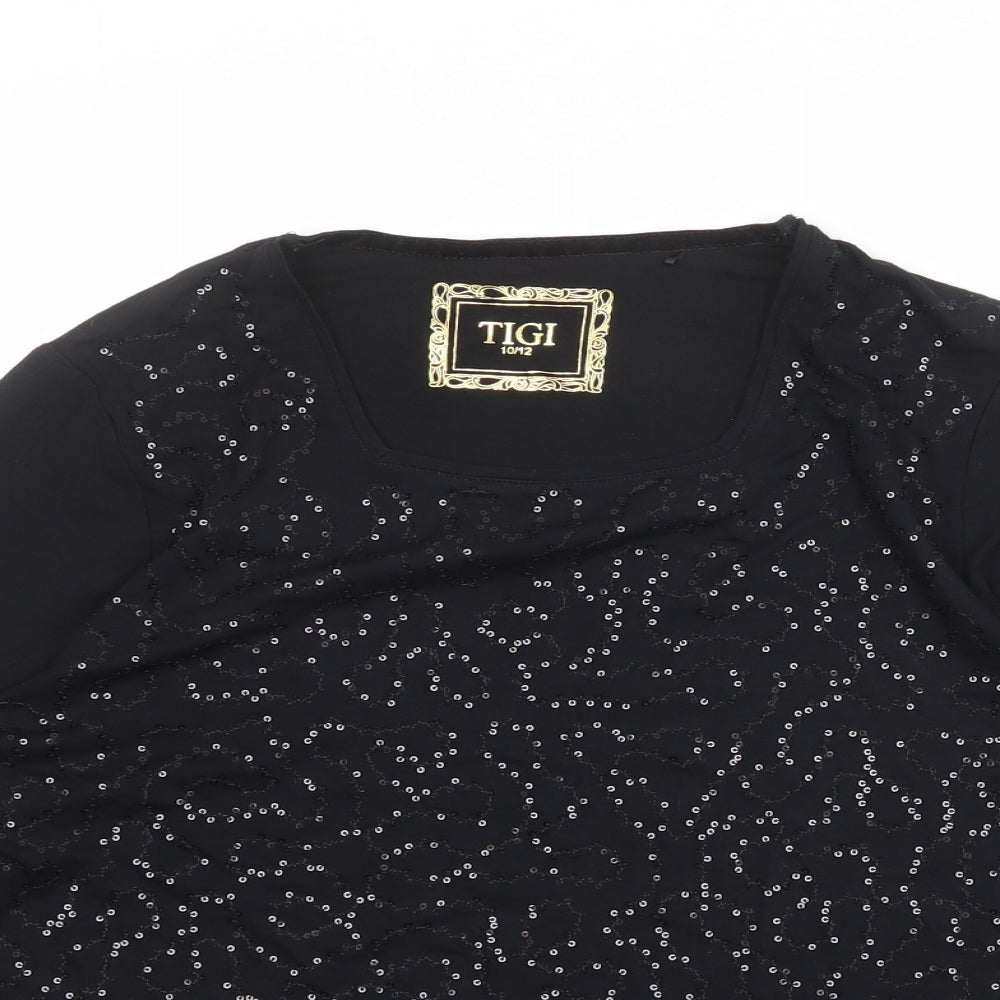 TIGI Womens Black Viscose Basic T-Shirt Size 10 Round Neck - Embellished