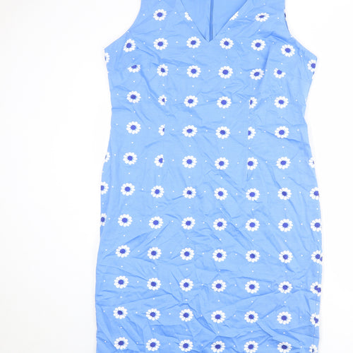 Laura Ashley Womens Blue Floral Cotton Tank Dress Size 16 V-Neck Zip