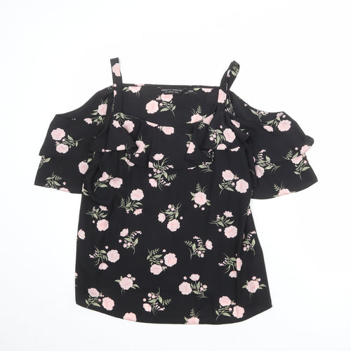 Dorothy Perkins Womens Black Floral Polyester Basic Blouse Size 10 Round Neck - Cold Shoulder