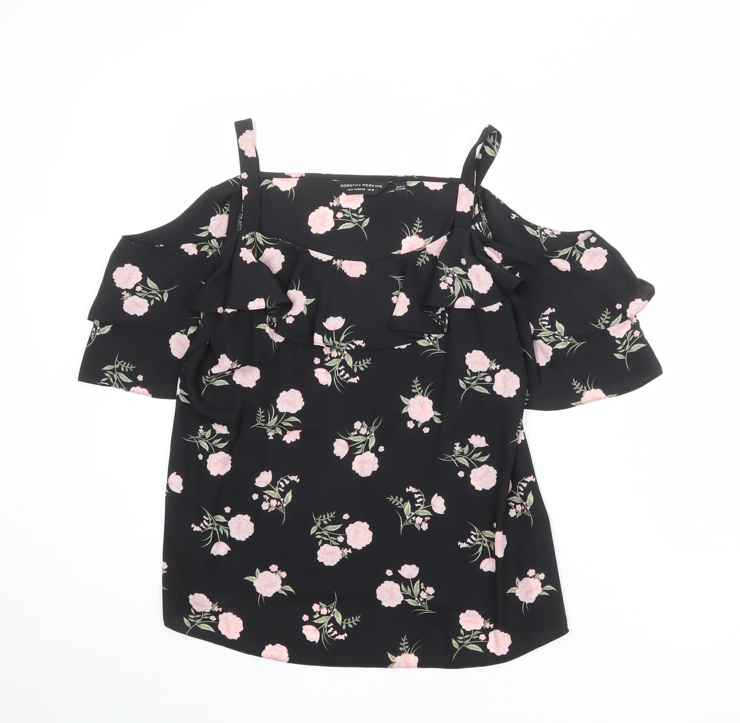 Dorothy Perkins Womens Black Floral Polyester Basic Blouse Size 10 Round Neck - Cold Shoulder