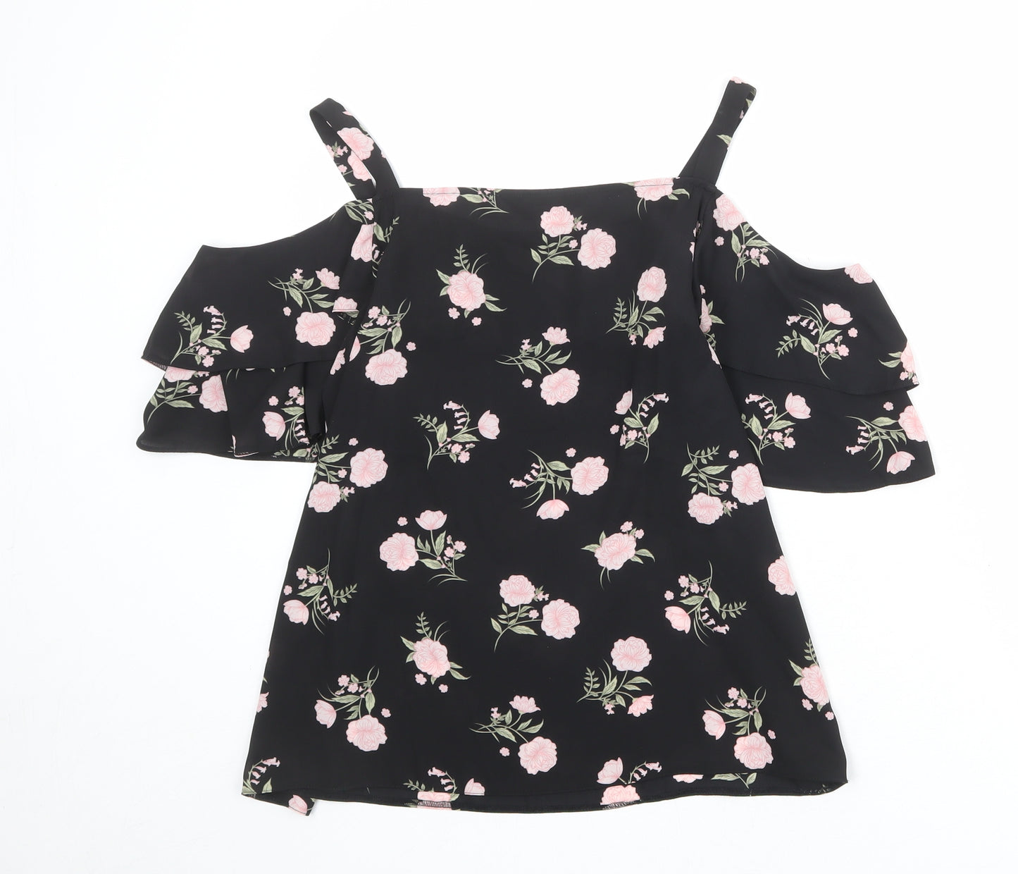 Dorothy Perkins Womens Black Floral Polyester Basic Blouse Size 10 Round Neck - Cold Shoulder