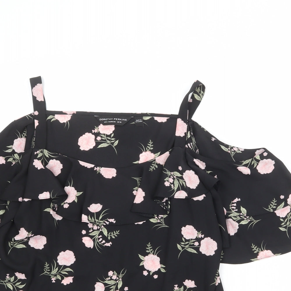 Dorothy Perkins Womens Black Floral Polyester Basic Blouse Size 10 Round Neck - Cold Shoulder