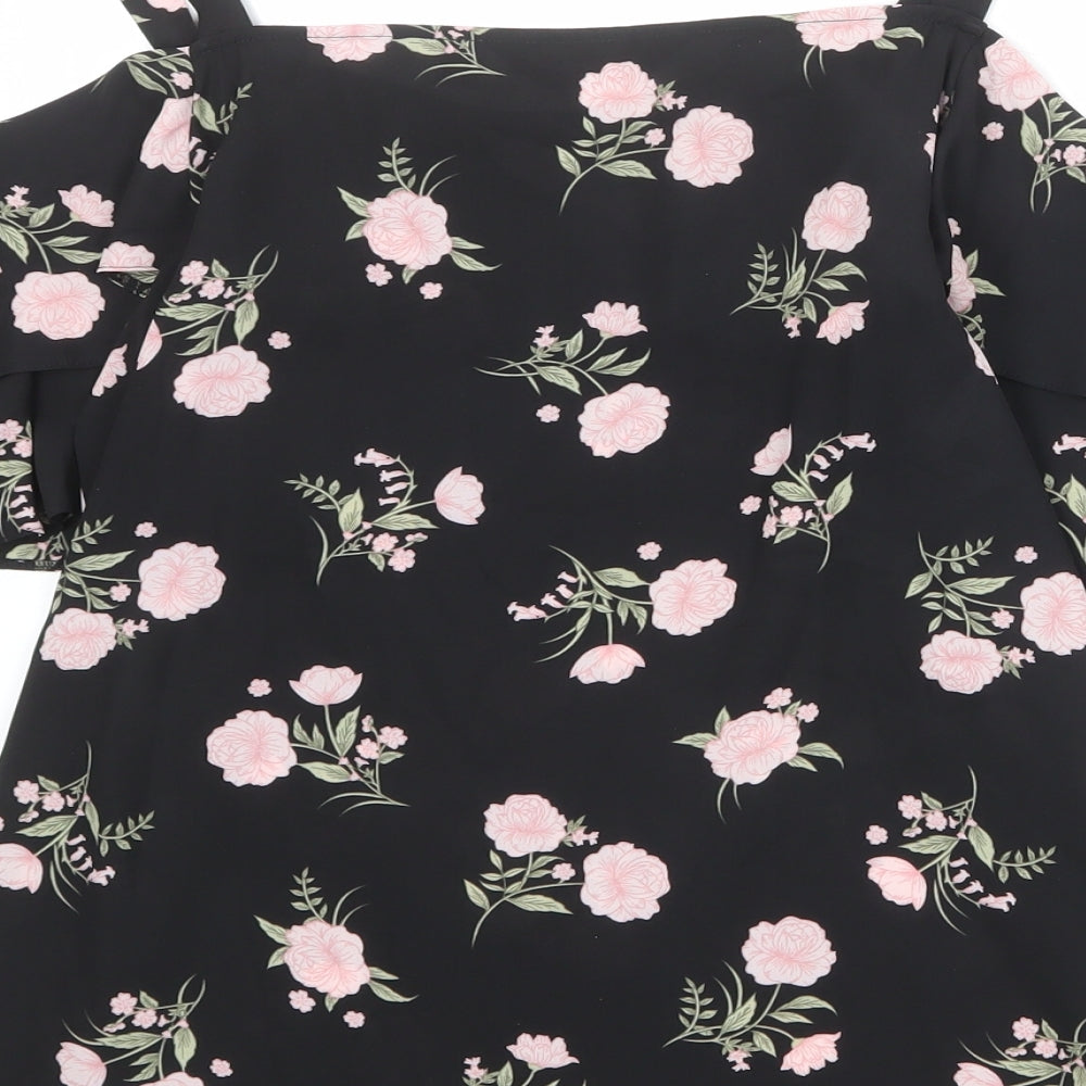 Dorothy Perkins Womens Black Floral Polyester Basic Blouse Size 10 Round Neck - Cold Shoulder