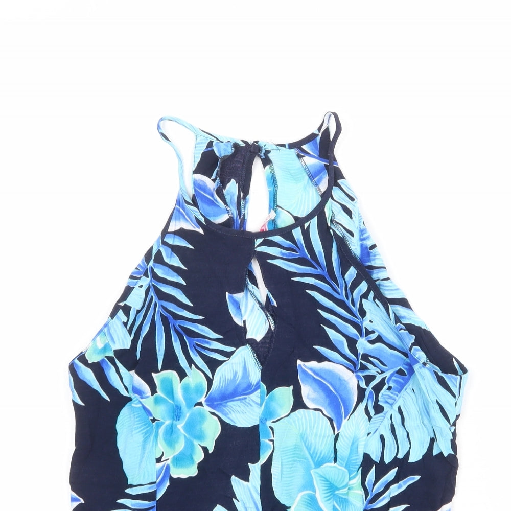 Long Tall Sally Womens Blue Floral Viscose Basic Tank Size 12 Round Neck