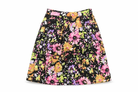 Front view of Vera & Lucy women’s multicoloured floral polyester tulip skirt, size S, zip