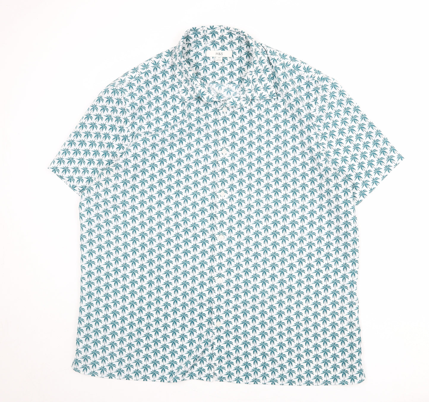 Marks and Spencer Mens White Geometric Polyester Button-Up Size 2XL Collared Button - Palm tree pattern