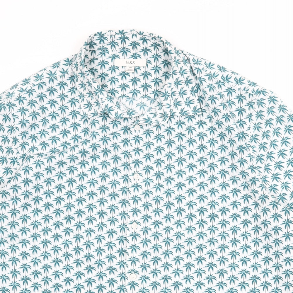 Marks and Spencer Mens White Geometric Polyester Button-Up Size 2XL Collared Button - Palm tree pattern