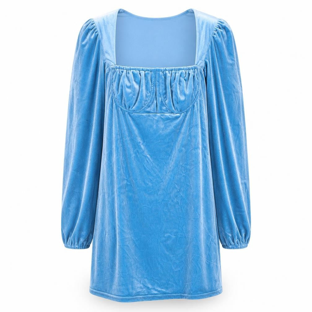 Front view of In the Style women’s blue polyester shift, size UK 10, square neck pullover