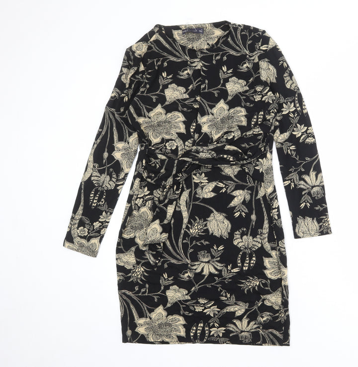 Marks and Spencer Womens Black Floral Viscose Sheath Size 10 Round Neck Pullover