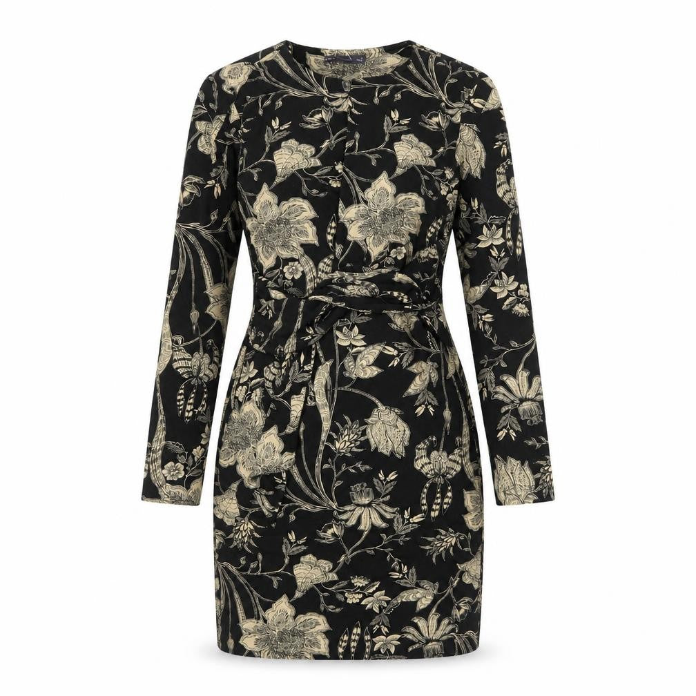 Front view of Marks & Spencer women’s black floral viscose sheath, size UK 10, round neck pullover