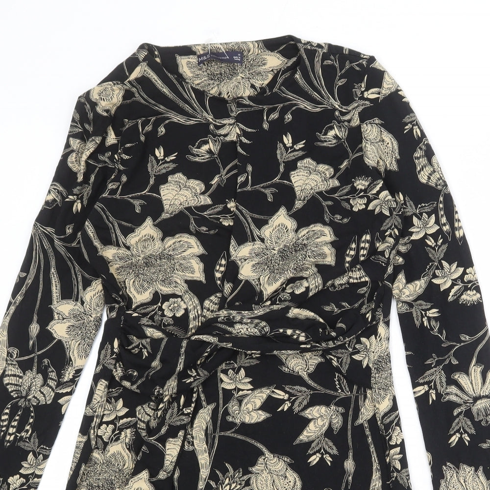 Marks and Spencer Womens Black Floral Viscose Sheath Size 10 Round Neck Pullover