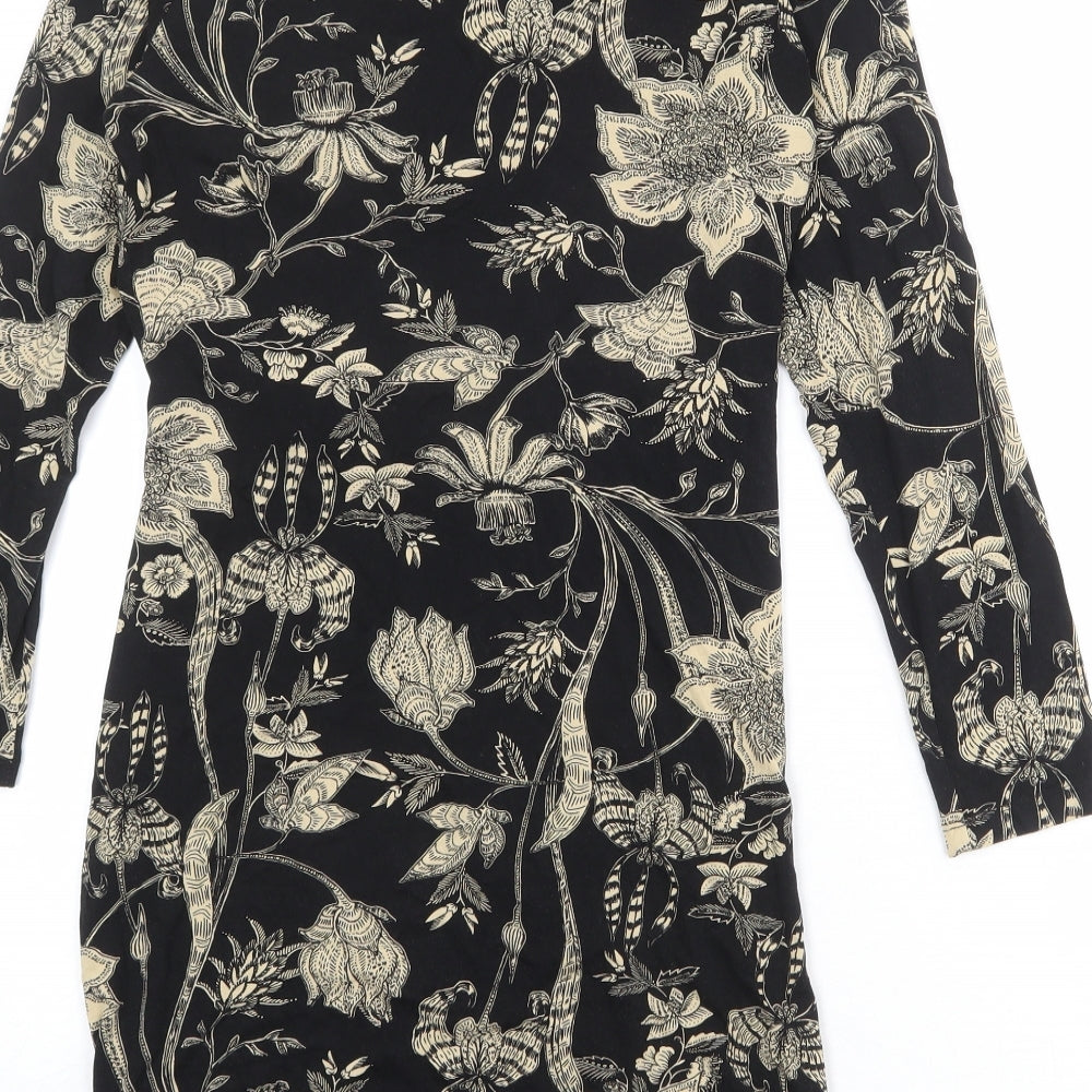 Marks and Spencer Womens Black Floral Viscose Sheath Size 10 Round Neck Pullover