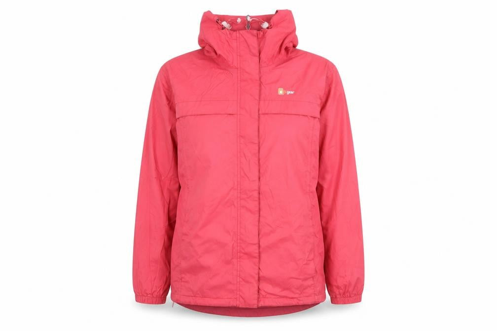 Front view of Hi Gear women’s pink windbreaker jacket, size UK 12, zip