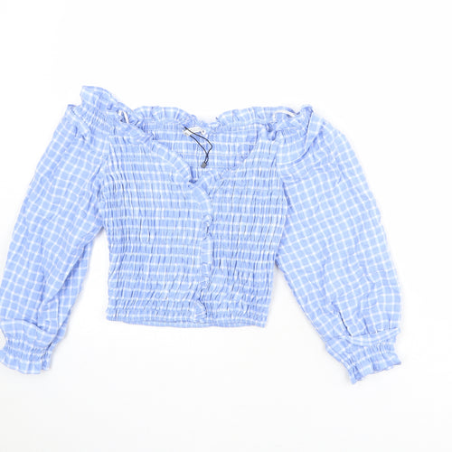 Zara Womens Blue Plaid Cotton Basic Blouse Size S Off the Shoulder