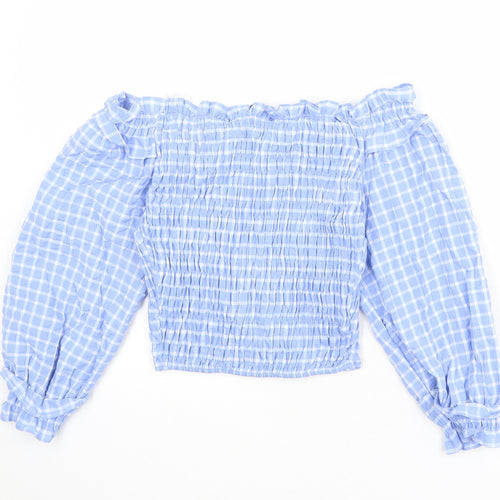 Zara Womens Blue Plaid Cotton Basic Blouse Size S Off the Shoulder