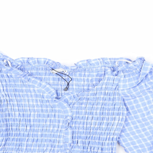 Zara Womens Blue Plaid Cotton Basic Blouse Size S Off the Shoulder