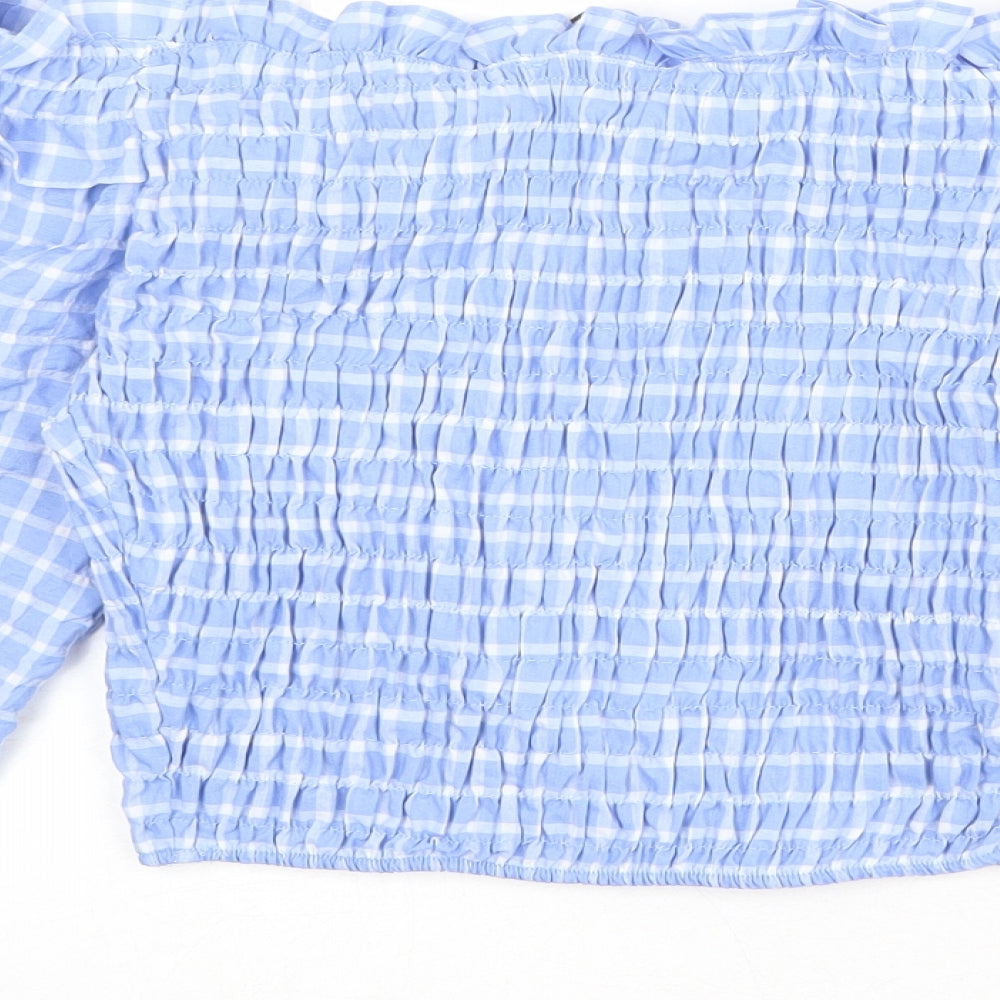 Zara Womens Blue Plaid Cotton Basic Blouse Size S Off the Shoulder