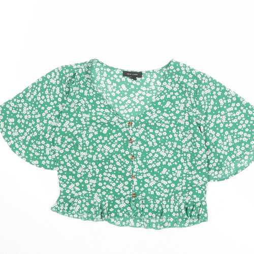 New Look Womens Green Floral Polyester Cropped Blouse Size 10 V-Neck