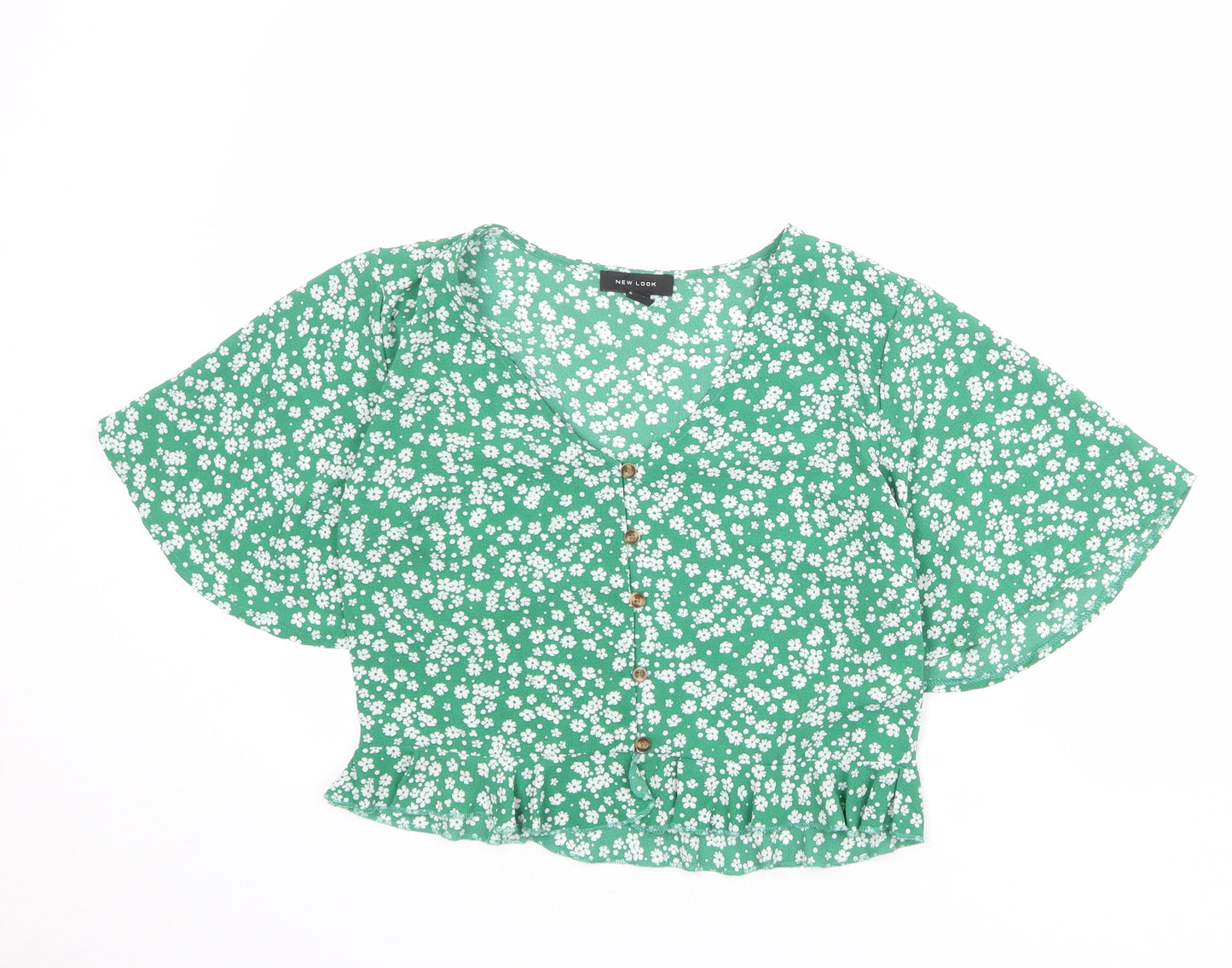 New Look Womens Green Floral Polyester Cropped Blouse Size 10 V-Neck