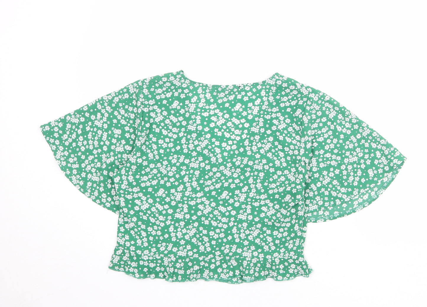 New Look Womens Green Floral Polyester Cropped Blouse Size 10 V-Neck