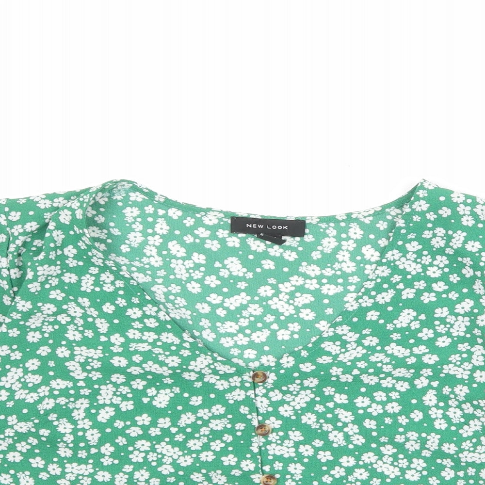 New Look Womens Green Floral Polyester Cropped Blouse Size 10 V-Neck