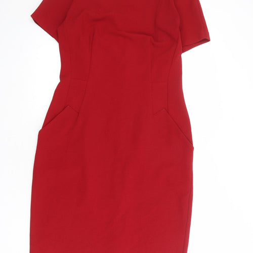 NEXT Womens Red Polyester Shift Size 12 Boat Neck Zip