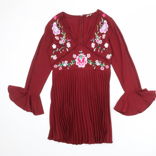 ASOS Womens Red Floral Polyester Shift Size 8 V-Neck Zip - Ruffle Sleeve