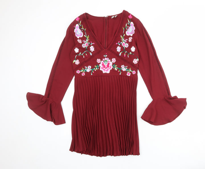 ASOS Womens Red Floral Polyester Shift Size 8 V-Neck Zip - Ruffle Sleeve