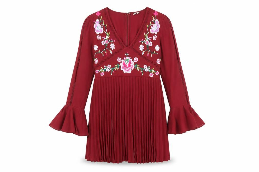 Front view of ASOS women’s red floral polyester shift, size UK 8, v-neck zip - ruffle sleeve