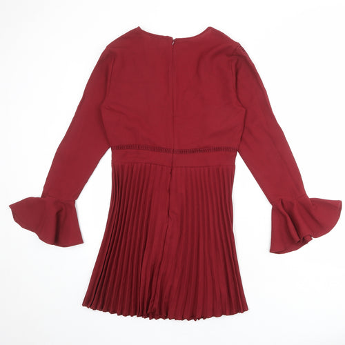 ASOS Womens Red Floral Polyester Shift Size 8 V-Neck Zip - Ruffle Sleeve