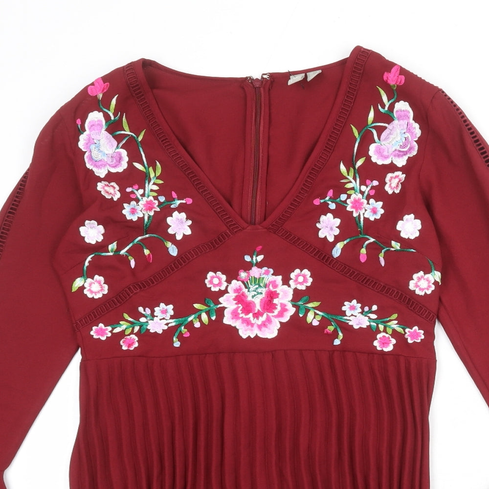 ASOS Womens Red Floral Polyester Shift Size 8 V-Neck Zip - Ruffle Sleeve