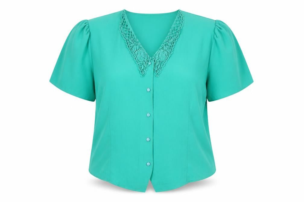 Front view of Your Sixth Sense women’s green polyester basic button-up, size UK 16, v-neck
