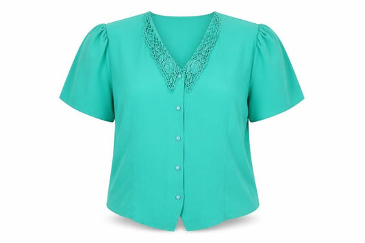 Front view of Your Sixth Sense women’s green polyester basic button-up, size UK 16, v-neck