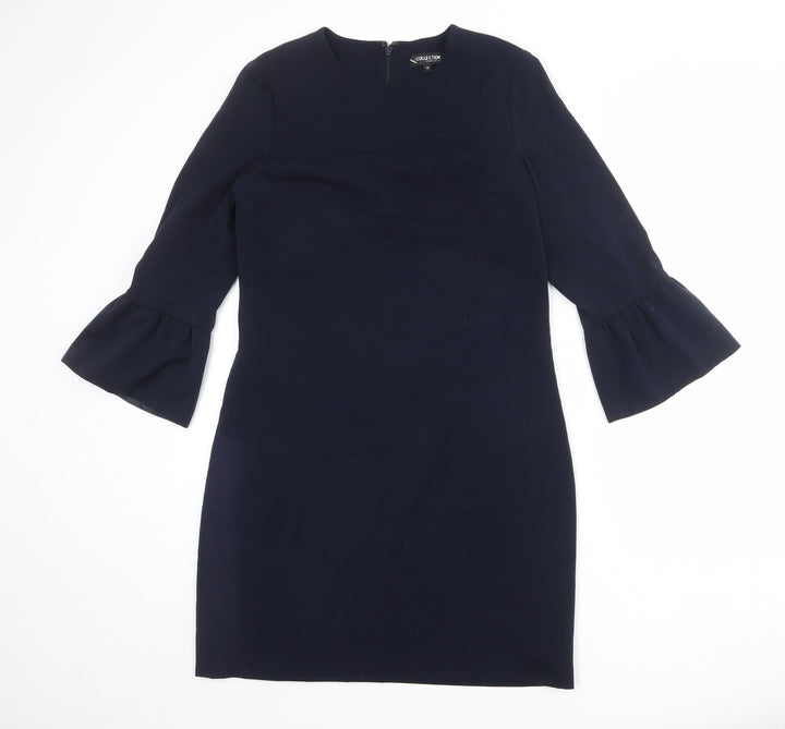 Debenhams Womens Blue Polyester Sheath Size 12 Round Neck Zip - Ruffle Sleeve