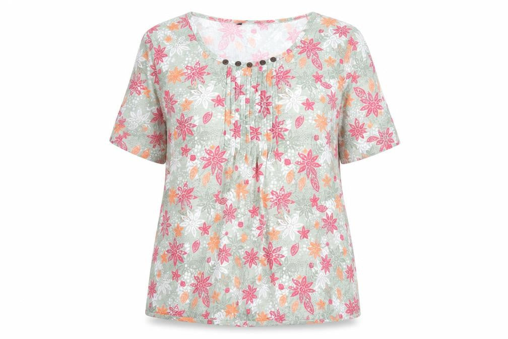 Front view of Bonmarché women’s green floral polyester basic blouse, size UK 14, round neck