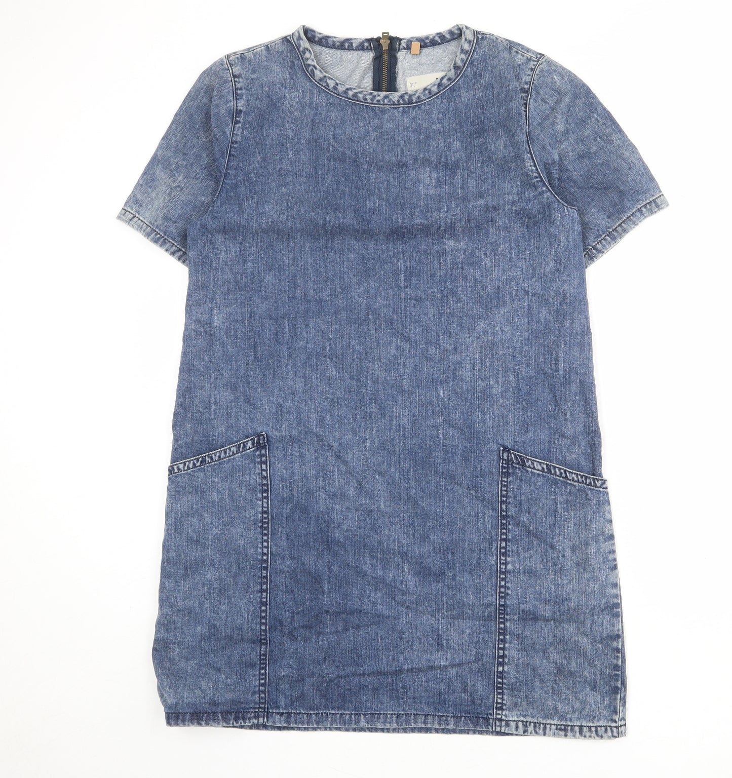 Topshop Womens Blue 100% Cotton Shift Size 10 Round Neck Zip