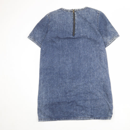 Topshop Womens Blue 100% Cotton Shift Size 10 Round Neck Zip