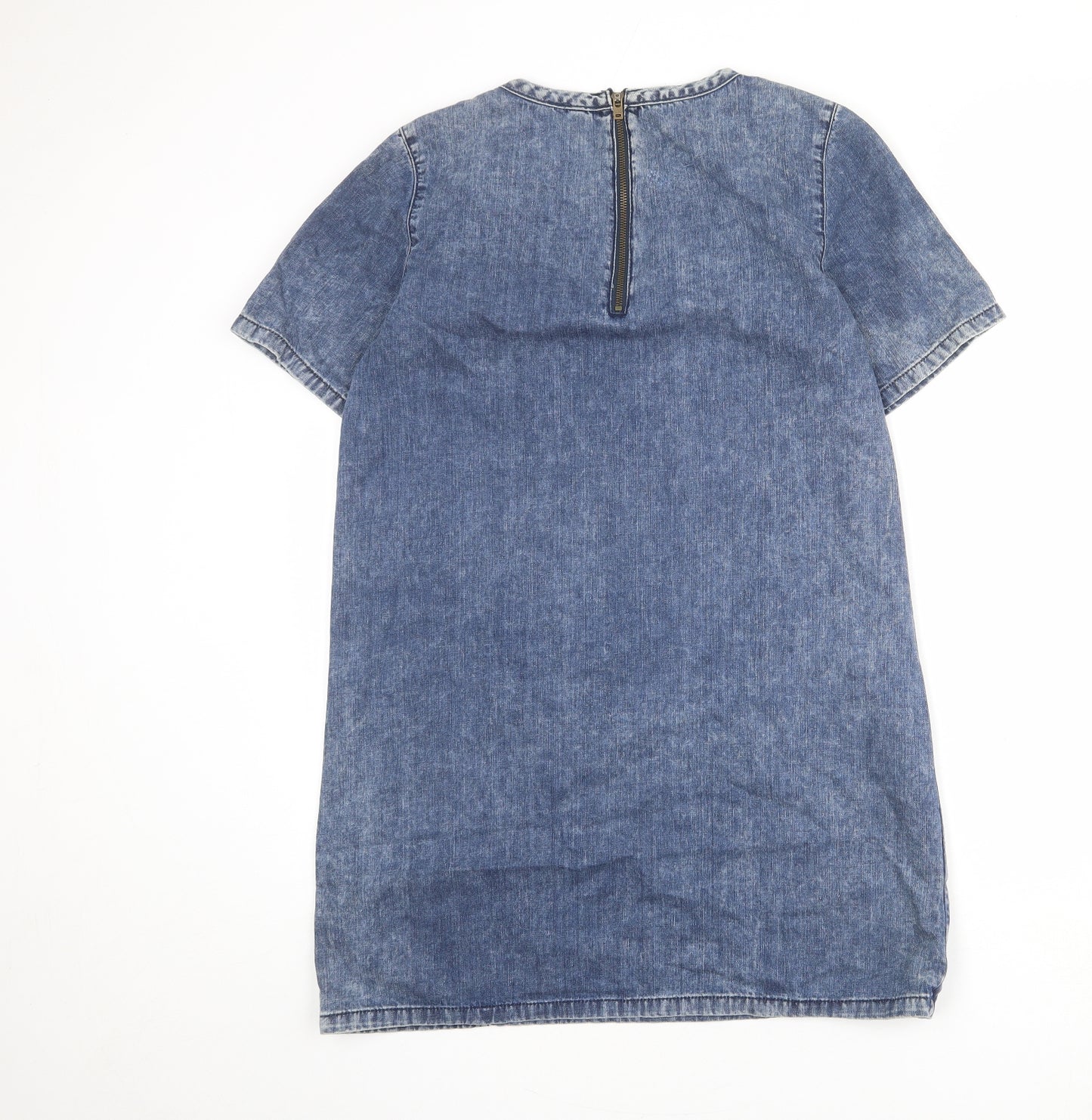 Topshop Womens Blue 100% Cotton Shift Size 10 Round Neck Zip