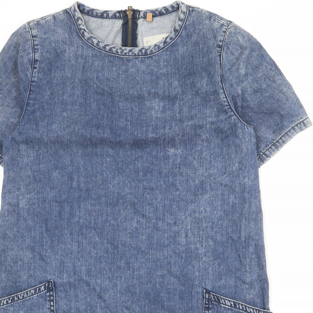 Topshop Womens Blue 100% Cotton Shift Size 10 Round Neck Zip